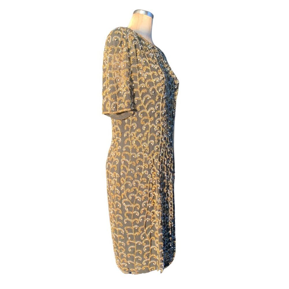 Oleg Cassini BlackTie Sequin Embellished Heavily Beaded 100% Silk Women's 14 - Picture 9 of 9